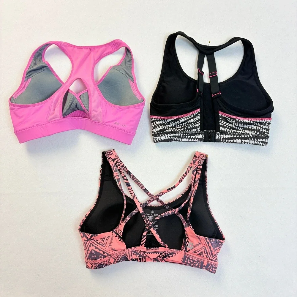 Lot of 3 Sports Bras Sweaty Betty & Nike Run Champion Pink Black Geometric Sz S